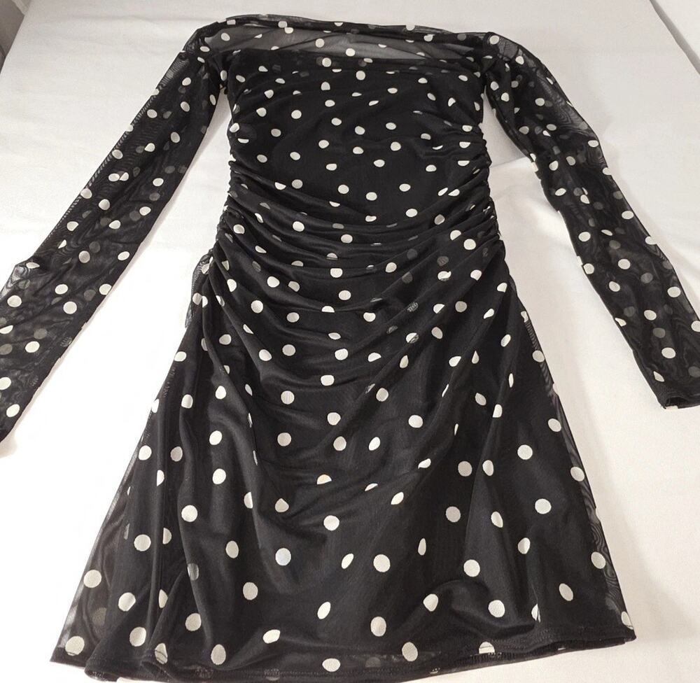 Abercrombie & Fitch Black White Polka Dot Dress Sheer Sleeves & Upper Area‎ SP